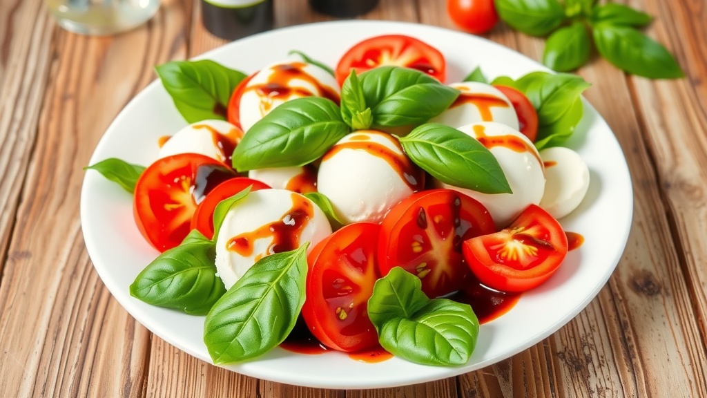 Classic Caprese Salad Recipe A colorful Caprese Salad with tomatoes, mozzarella, and basil drizzled with balsamic on a rustic table.